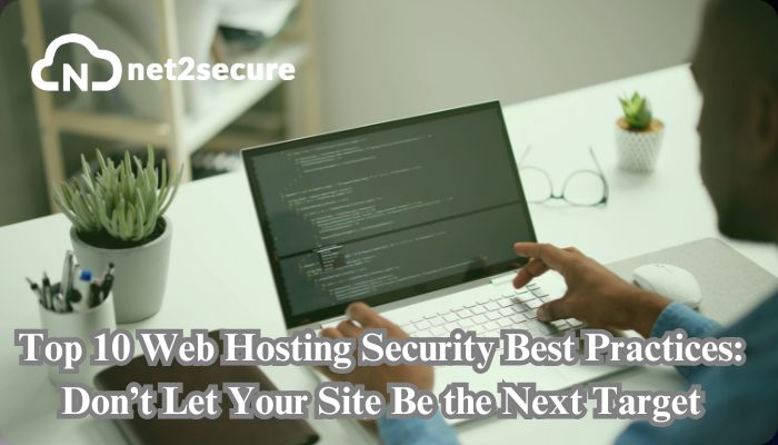 An illustration of a secure server with a shield icon, representing web hosting security best practices