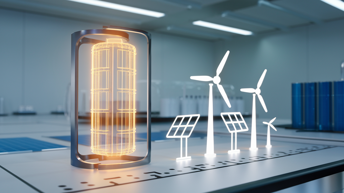 Futuristic energy system integrating super capacitors with solar panels, wind turbines, and electric vehicles for efficient energy storage.