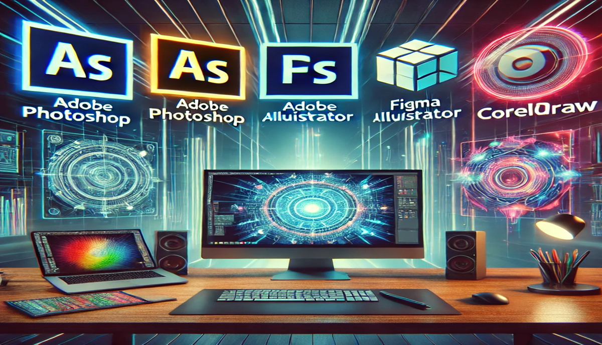 Computer desk with software logos and colorful graphics.