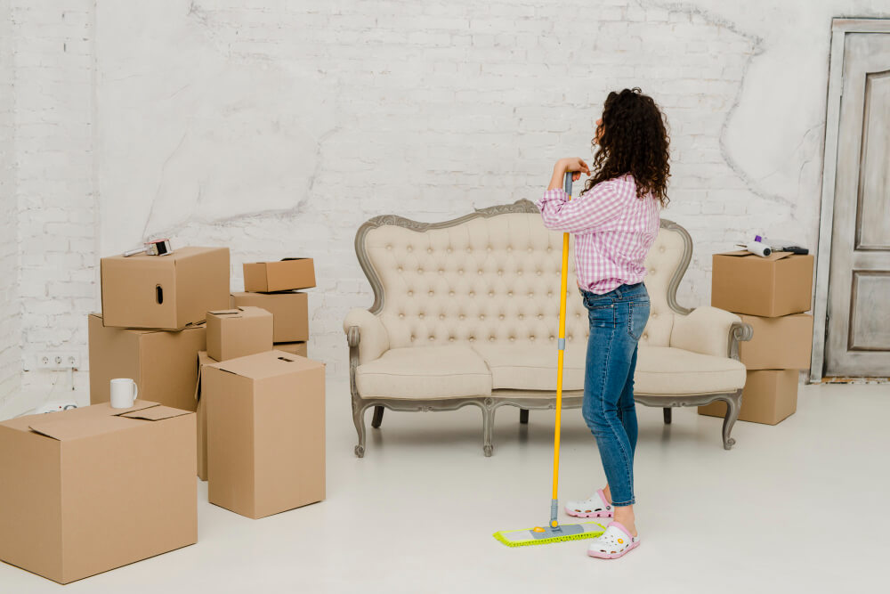 Woman cleaning a living room with cardboard boxes during a move out process