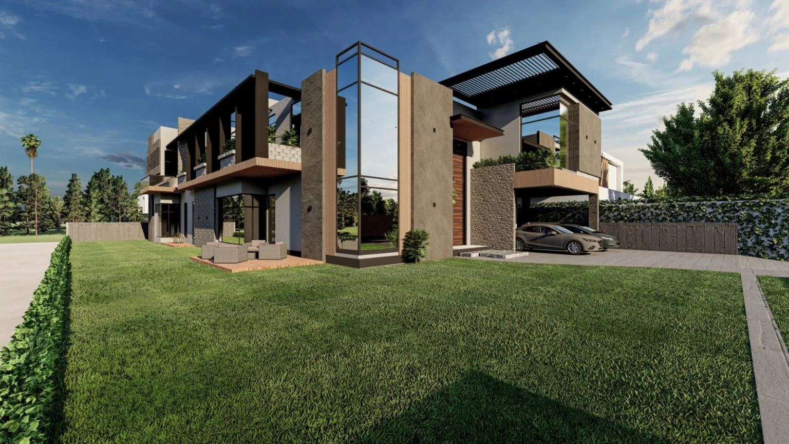 3D rendering of a contemporary multi-level home featuring large glass windows, concrete textures, and wooden accents a visual showcase of modern residential architecture and design expertise.