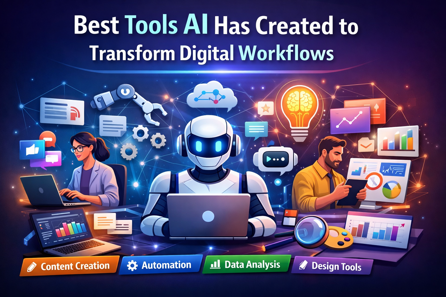 Illustration showing tools AI enhancing digital workflows through automation, analytics, content creation, and smart technology integration.