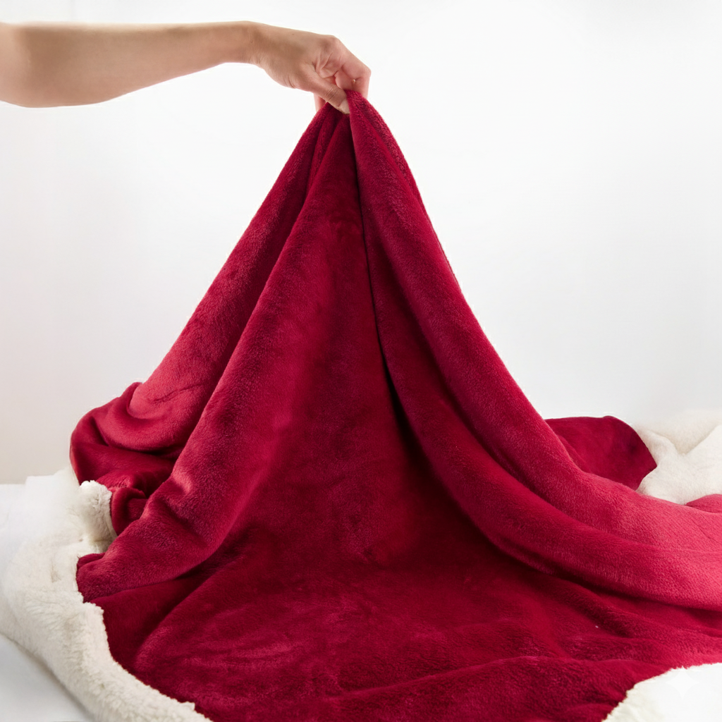Hand holding up a plush red fleece blanket with a soft cream sherpa lining, draped over a light surface against a plain white background.