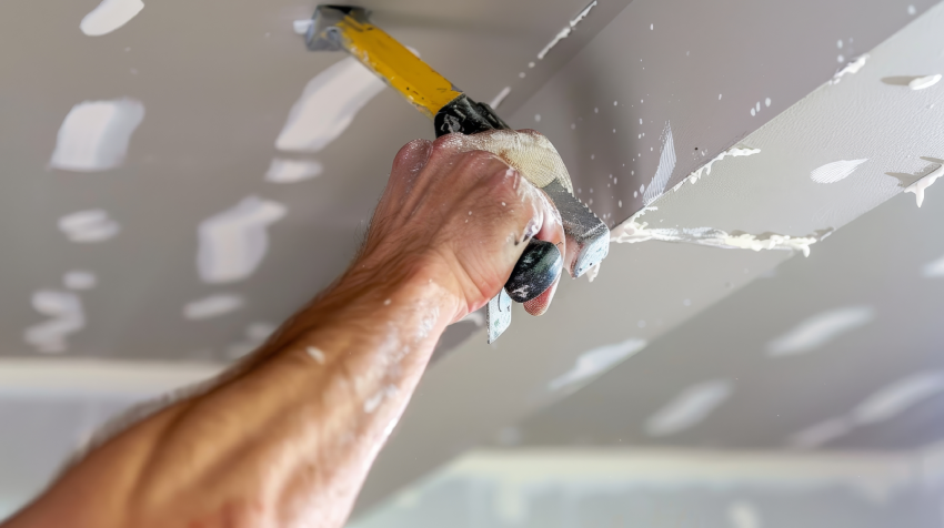 Professional drywall repair showing taping, mudding, and sanding steps