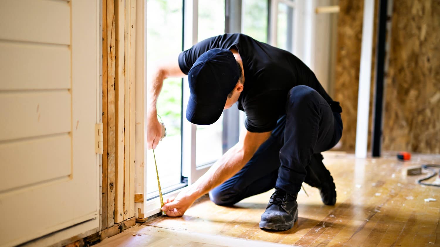 Technician repairing a sliding patio door with tools