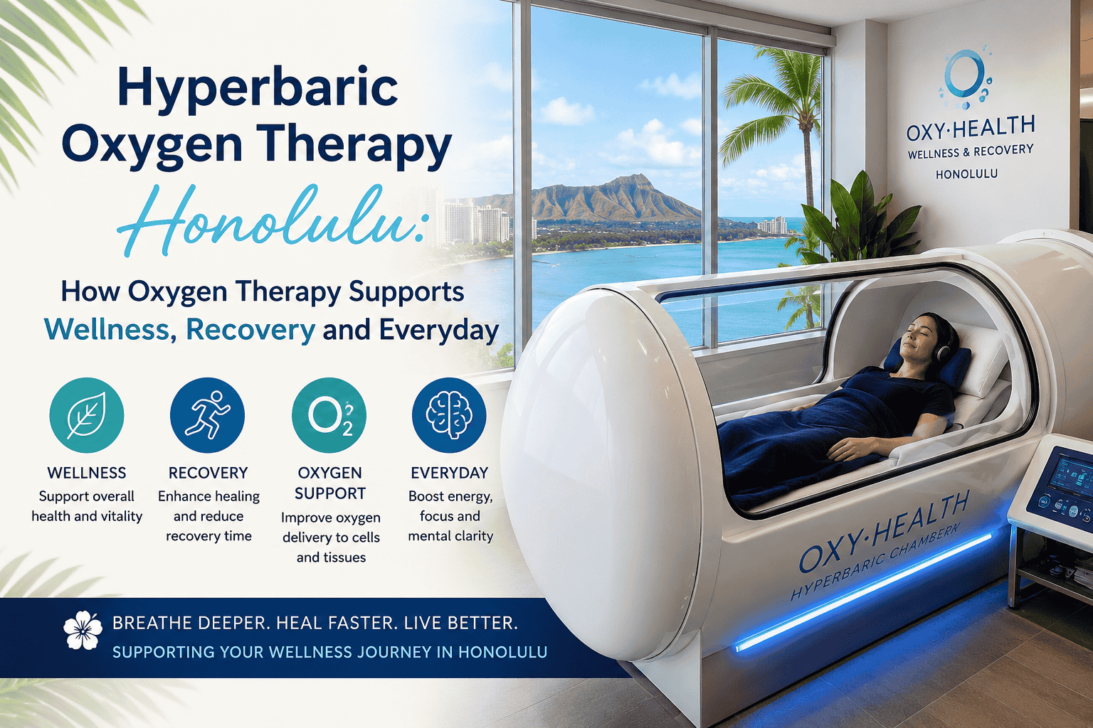 Woman relaxing inside a hyperbaric oxygen chamber at a Honolulu wellness center with ocean views in the background. Promotional graphic highlighting Hyperbaric Oxygen Therapy (HBOT) benefits, including wellness support, recovery enhancement, improved oxygen delivery, mental clarity, and everyday vitality.