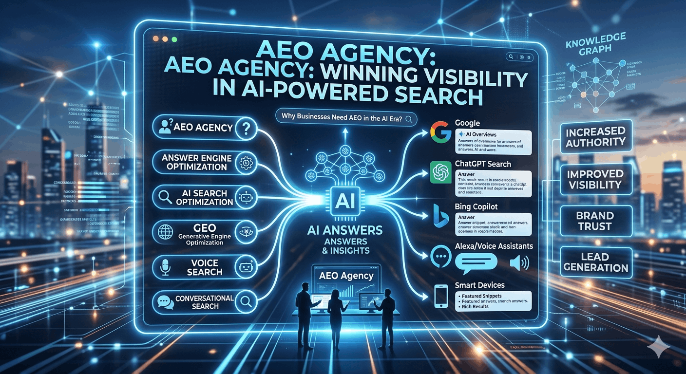 An infographic titled "AEO Agency: Winning Visibility in AI-Powered Search" showcasing how Answer Engine Optimization connects businesses to AI answers. The central digital display connects optimization strategies like GEO, Voice Search, and Conversational Search to platforms like Google AI Overviews, ChatGPT Search, Bing Copilot, and Alexa. On the right, benefits like "Increased Authority" and "Brand Trust" are highlighted against a futuristic, glowing city skyline background where digital marketers analyze data.