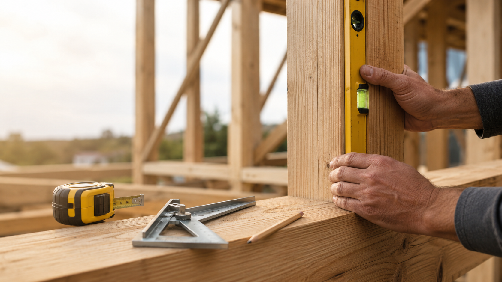 Carpenter checking a timber frame with a spirit level beside a tape measure and square.