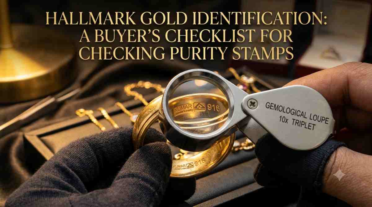 Close-up of hallmark stamp on gold jewelry showing purity mark