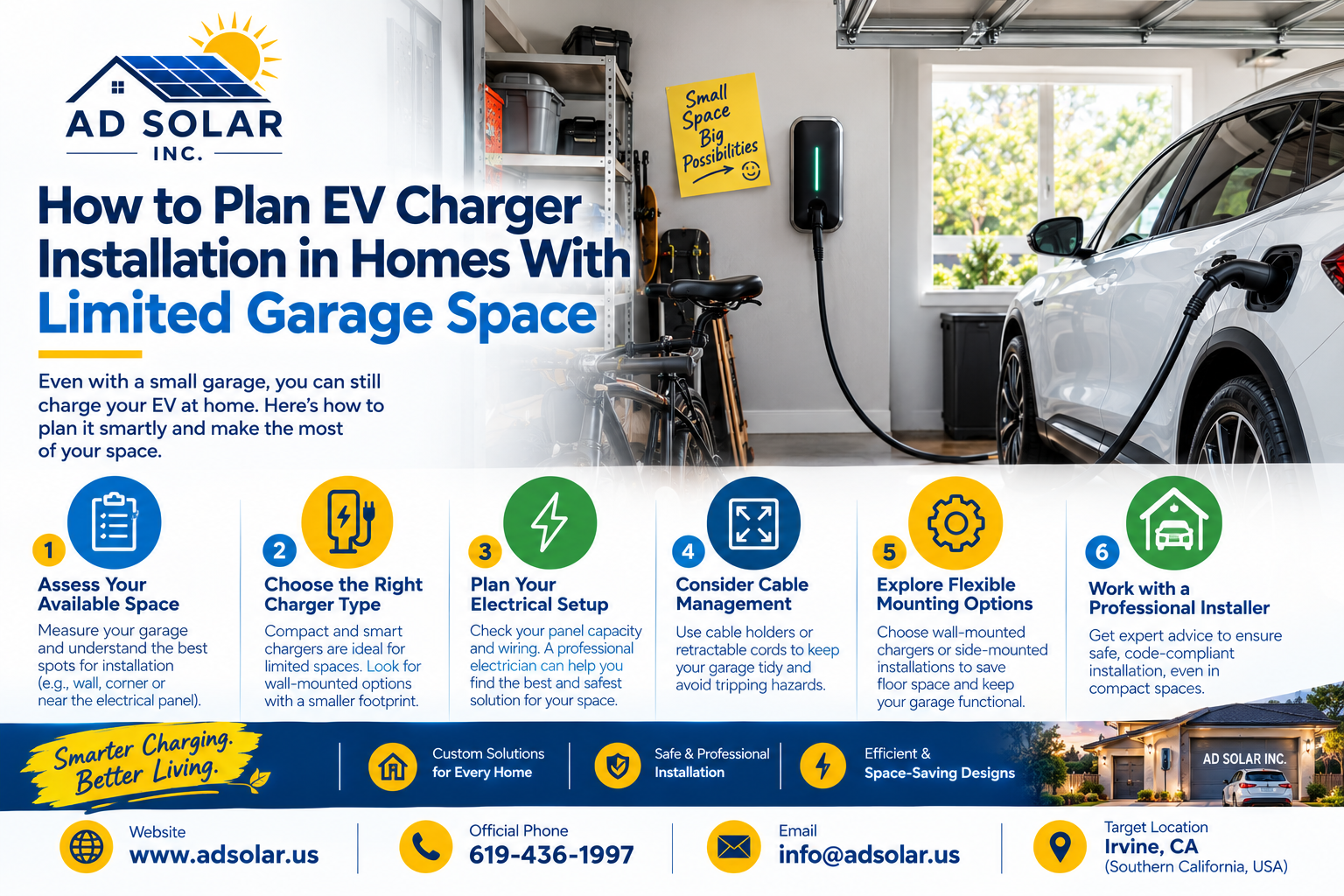 Electric vehicle charging in a compact residential garage with organized parking space