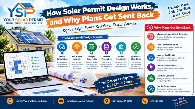 Solar permit design process showing common reasons solar plans are sent back for revisions